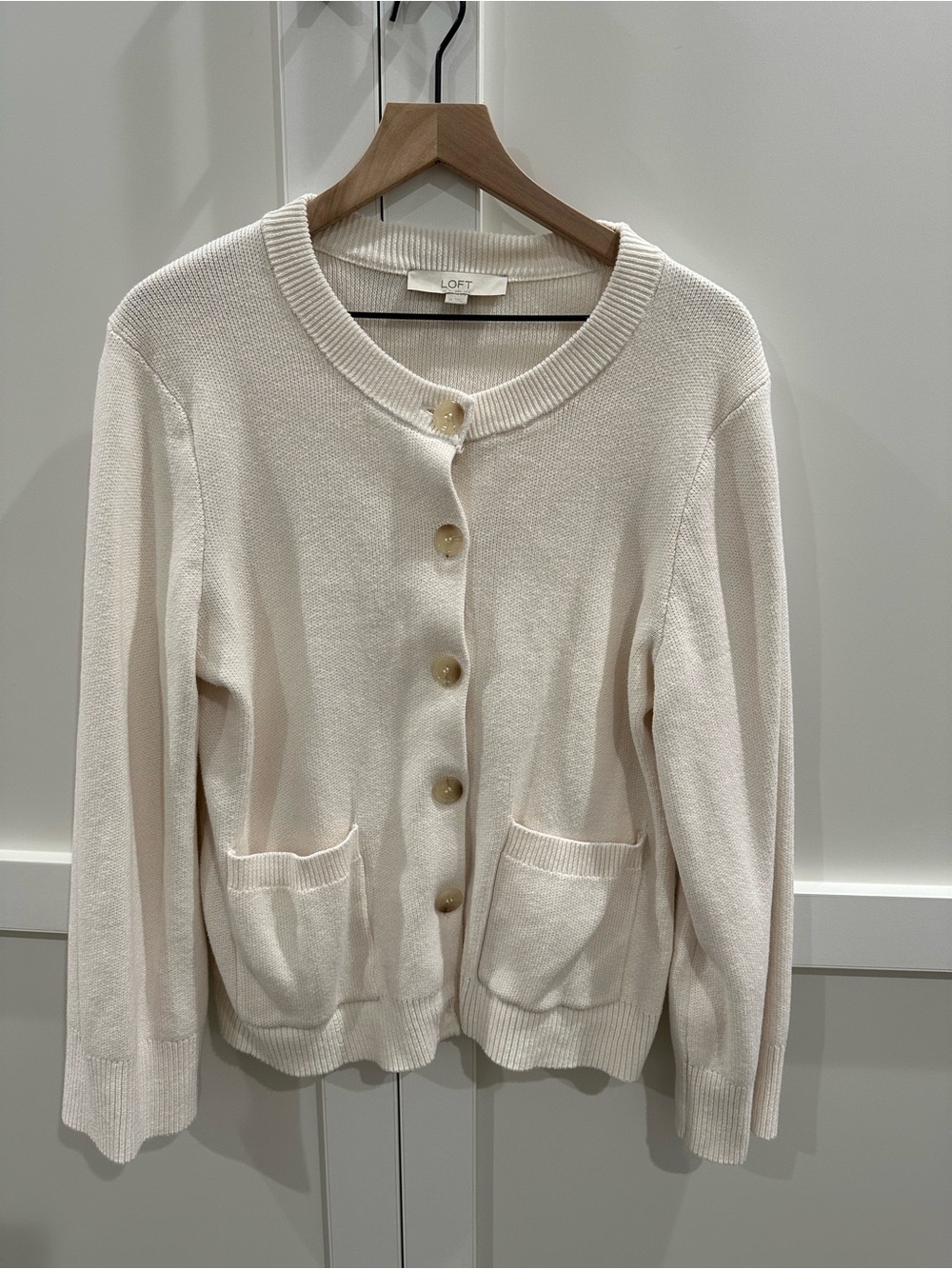 LOFT Cream 100% Cotton Button-Front Pocket Cardigan Bell Sleeve